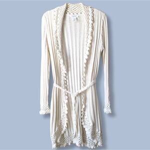 WHBM Ivory Crochet Longline Cardigan M Cottagecore Boho Cozy Cashmere Soft Flaw